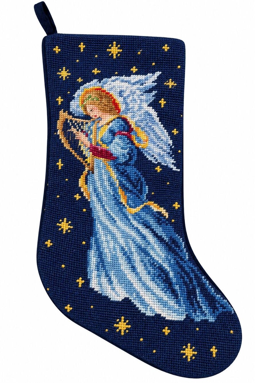 Needlepoint By Hand Angel Harp Wool Christmas Stocking Navy Blue Holiday Decor